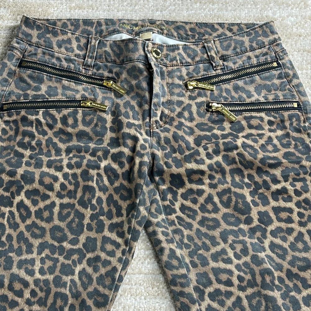Michael Kors Women Leopard Print Moto Skinny Pants Gold Zipper Accents Size 2